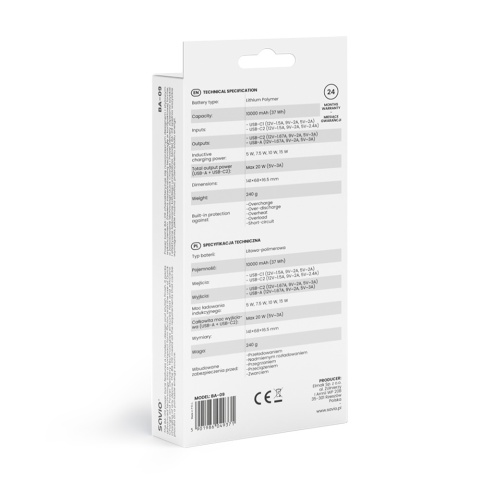Powerbank 10000mAh Indukcja Savio BA-09 Czarny