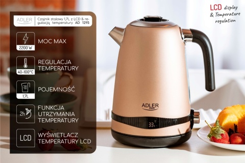 Adler AD 1295 gold Czajnik metalowy 1,7L z LCD oraz regulacją temperatury