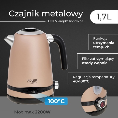 Adler AD 1295 gold Czajnik metalowy 1,7L z LCD oraz regulacją temperatury