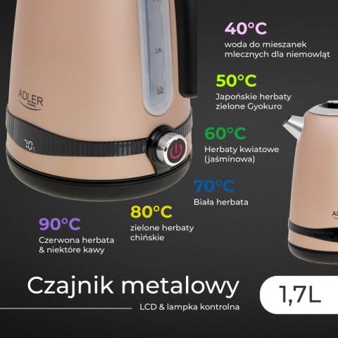 Adler AD 1295 gold Czajnik metalowy 1,7L z LCD oraz regulacją temperatury