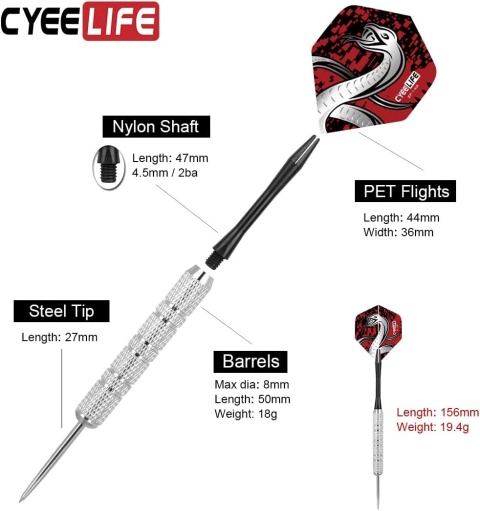 CyeeLife 12 sztuk stalowych rzutek do darta 20 g. z trzonkami PCW + 36 lotkami + ostrzałkami, profesjonalny zestaw rzutek stalowych