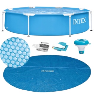 INTEX Basen Stelażowy Ogrodowy Okrągły INTEX 244x51 Zestaw Pokrywa Solarna Dozownik