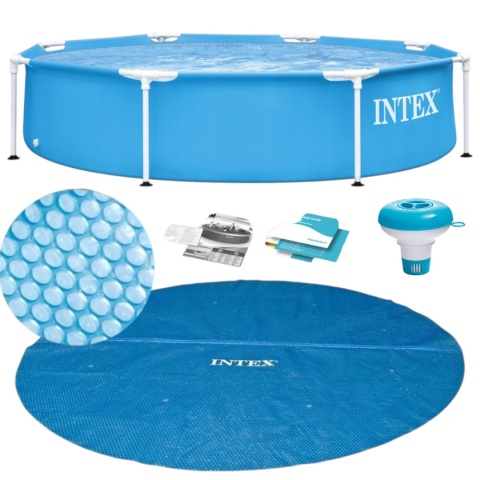 INTEX Basen Stelażowy Ogrodowy Okrągły INTEX 244x51 Zestaw Pokrywa Solarna Dozownik