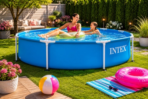INTEX Basen Stelażowy Ogrodowy Okrągły INTEX 244x51 Zestaw Pokrywa Solarna Dozownik