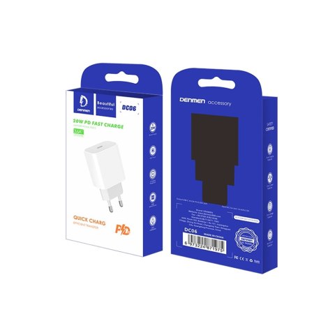 Szybka Ładowarka Sieciowa DENMEN 20W 3.6A PD | USB-C | Kabel Typ C do C 1m Zestaw