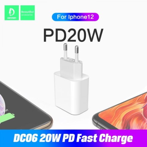 Ładowarka Sieciowa PD 20W + Kabel USB-C do USB-C | Denmen DC06 | Biała Quick Charge