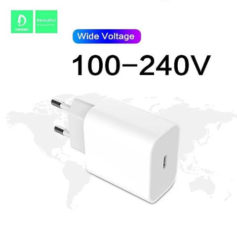 Ładowarka Sieciowa PD 20W + Kabel USB-C do USB-C | Denmen DC06 | Biała Quick Charge