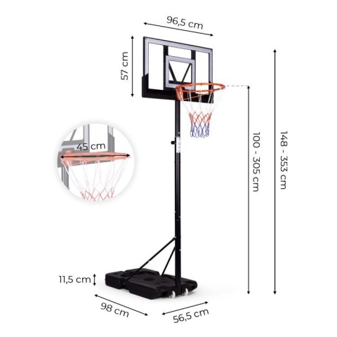 Kosz do Koszykówki Regulowany 100-305 cm Wolnostojący Tablica Obręcz MovePro