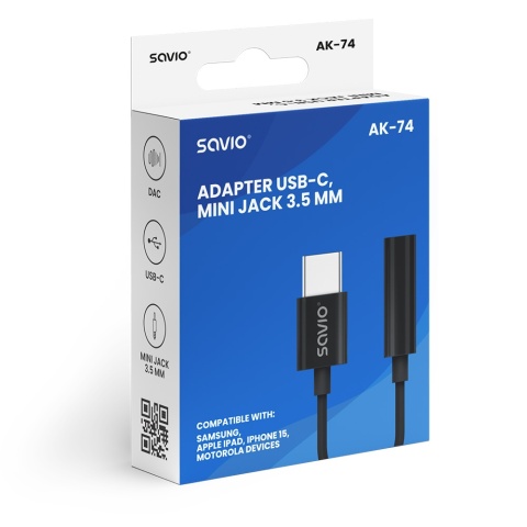 Adapter Audio SAVIO AK-74 USB-C na Jack 3,5 mm z DAC Czarny