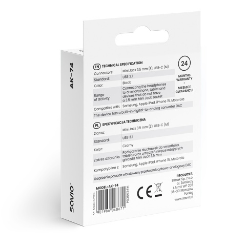 Adapter Audio SAVIO AK-74 USB-C na Jack 3,5 mm z DAC Czarny