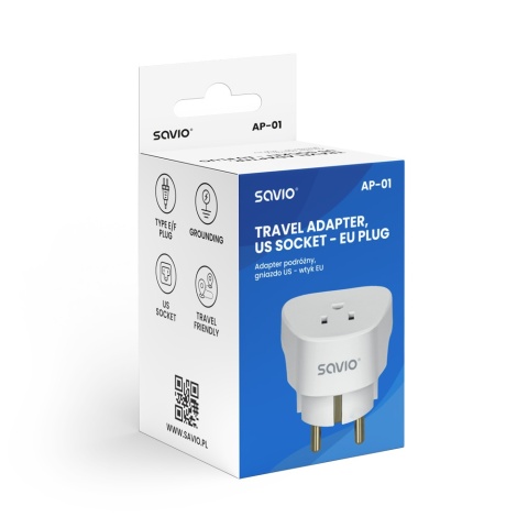 Adapter Podróżny SAVIO AP-01 US na EU 15A 3750W z Uziemieniem