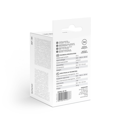 Adapter Podróżny SAVIO AP-01 US na EU 15A 3750W z Uziemieniem
