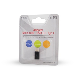 Adapter SAVIO AK-31B Micro USB Żeński na USB-C Męski Ładowanie Dane