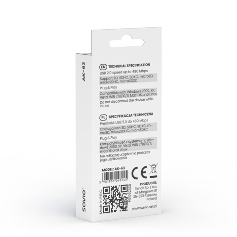 Czytnik Kart SAVIO AK-63 USB 2.0 SD MicroSD SDHC SDXC 480 Mb/s