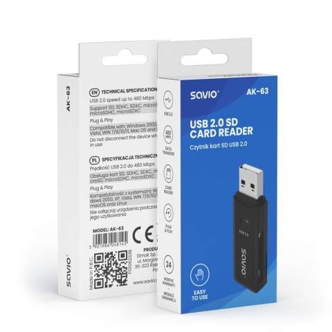 Czytnik Kart SAVIO AK-63 USB 2.0 SD MicroSD SDHC SDXC 480 Mb/s