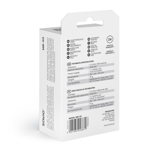 Mysz Bezprzewodowa SAVIO MB-03 2,4 GHz 1000 DPI USB Czarna
