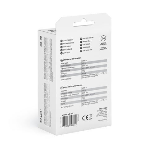 Mysz Przewodowa SAVIO MB-02 Optyczna 1200 DPI USB-A Czarna