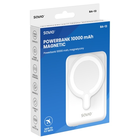 Powerbank Magnetyczny SAVIO BA-13 10000 mAh 20W USB-C 15W Indukcja biały