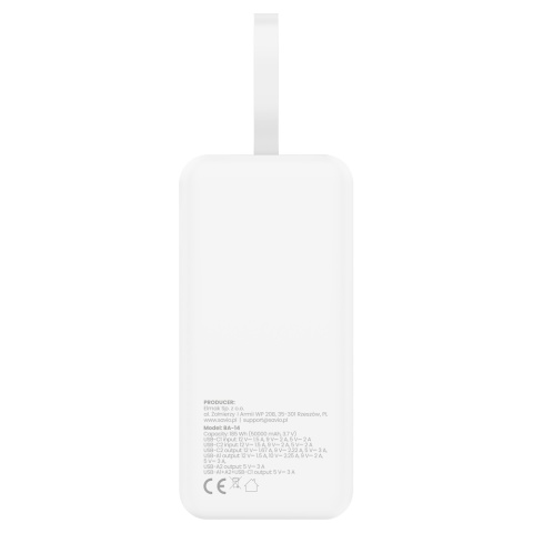 Powerbank SAVIO BA-15 50000 mAh 20W USB-C USB-A Szybkie Ładowanie Biały