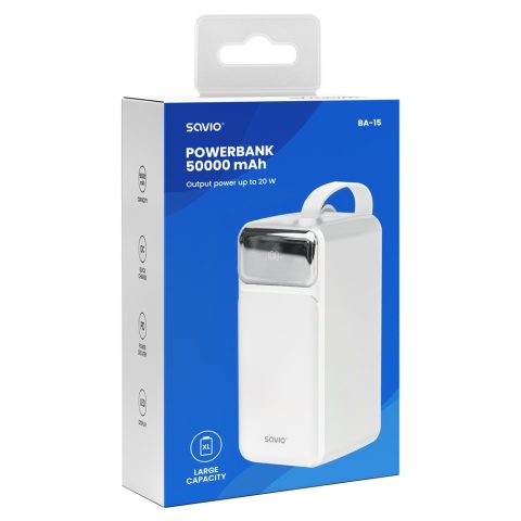 Powerbank SAVIO BA-15 50000 mAh 20W USB-C USB-A Szybkie Ładowanie Biały