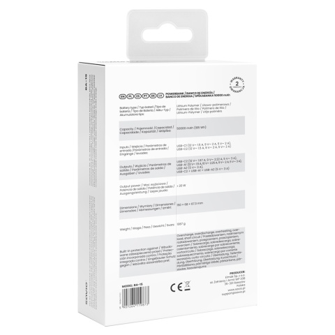 Powerbank SAVIO BA-15 50000 mAh 20W USB-C USB-A Szybkie Ładowanie Biały