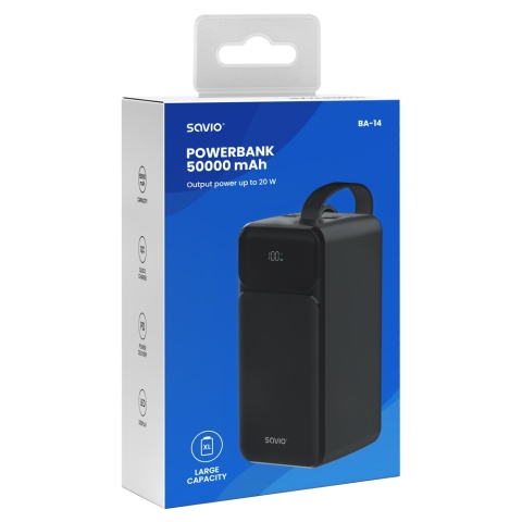 Powerbank SAVIO BA-14 50000 mAh 20W USB-C USB-A Szybkie Ładowanie Czarny