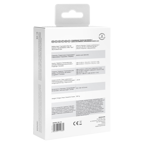 Powerbank SAVIO BA-14 50000 mAh 20W USB-C USB-A Szybkie Ładowanie Czarny