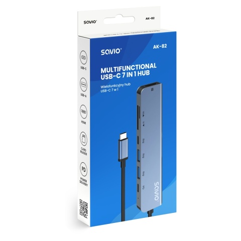 Hub USB-C SAVIO AK-82 7w1 HDMI 4K Power Delivery Czytnik SD microSD