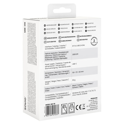 Mysz Bezprzewodowa SAVIO MB-06 Bluetooth 5.4 2,4 GHz 2000 DPI USB-C