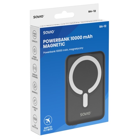 Powerbank Magnetyczny SAVIO BA-12 10000 mAh 20W USB-C 15W Indukcja Czarny