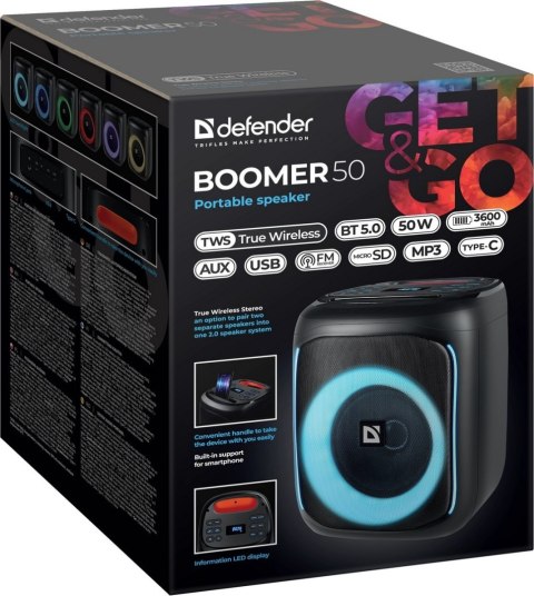 GŁOŚNIK DEFENDER BOOMER 50 BLUETOOTH 50W LED/BT/FM/USB/AUX/MIC