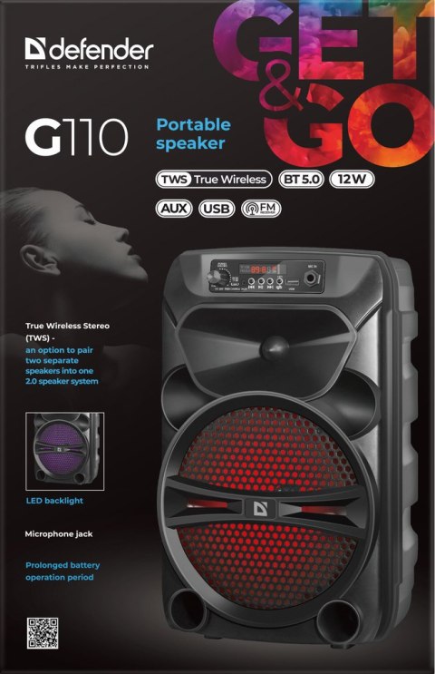 GŁOŚNIK DEFENDER G110 BLUETOOTH 12W LED/BT/FM/TF/USB/AUX