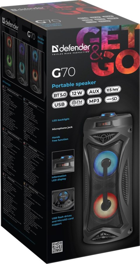 GŁOŚNIK DEFENDER G70 BLUETOOTH 12W BT/FM/TF/MIC LIGHTS