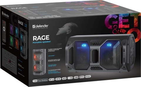 GŁOŚNIK DEFENDER RAGE BLUETOOTH 50W LED/BT/FM/USB/MIC/TWS