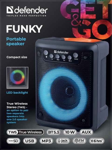 GŁOŚNIK DEFENDER FUNKY BLUETOOTH 10W BT5.3 AUX FM MP3 USB microSD