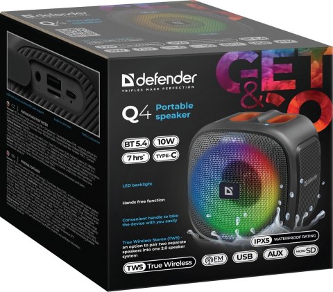 GŁOŚNIK DEFENDER Q4 BLUETOOTH 5.4 10W LED/BT/FM/USB/TWS