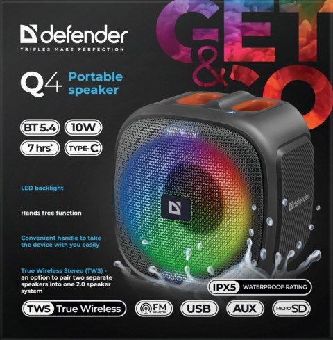 GŁOŚNIK DEFENDER Q4 BLUETOOTH 5.4 10W LED/BT/FM/USB/TWS