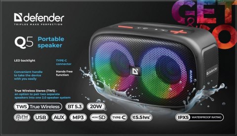 GŁOŚNIK DEFENDER Q5 BLUETOOTH 5.3 20W LED/BT/FM/USB/TWS