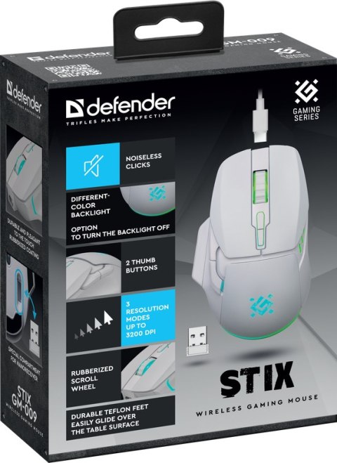 MYSZ DEFENDER GM-009 STIX RF BEZPRZEWODOWA 3200dpi 7P BIAŁA