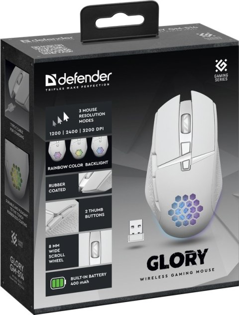 MYSZ DEFENDER GM-514 GLORY OPTIC RF RGB 3200dpi 7P BIAŁA