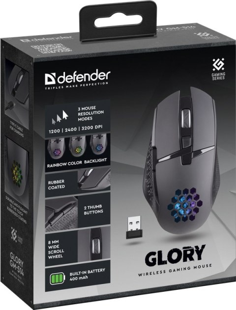 MYSZ DEFENDER GM-514 GLORY OPTIC RF RGB 3200dpi 7P CZARNA