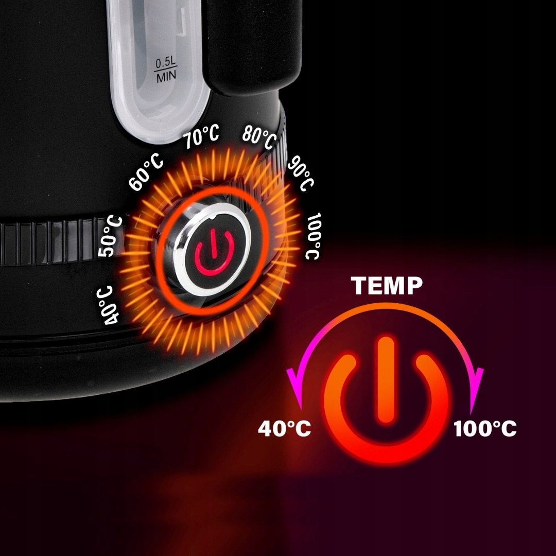 CZAJNIK ELEKTRYCZNY bezprzewodowy LCD Z REGULACJĄ TEMPERATURY 1,7L 2200W Kolor dominujący czarny