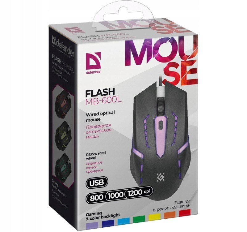 DEFENDER MYSZ GAMINGOWA FLASH MB-600L OPTIC LED 1200 DPI RGB Interfejs USB