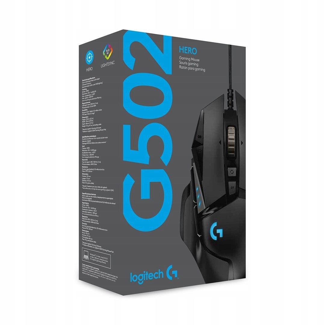 Mysz Logitech G502 Gaming HERO 25600 DPI CZARNY RGB CIĘŻARKI GAMINGOWA Waga produktu 95 g