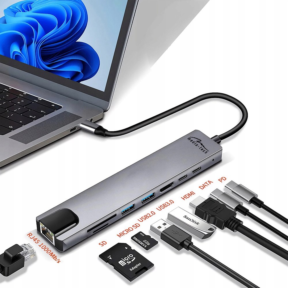 WIELOFUNKCYJNA STACJA DOKUJĄCE USB 8 W 1 GIGA LAN HUB USB-A USB-C RJ45 HDMI EAN (GTIN) 5906453150468